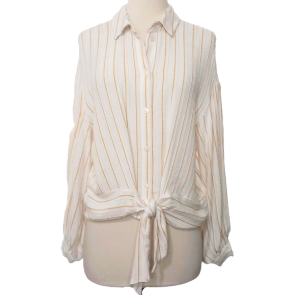 Anthropologie White & Yellow Textured Stripe Woven Tie Front Blouse Size 8 - Picture 4 of 7